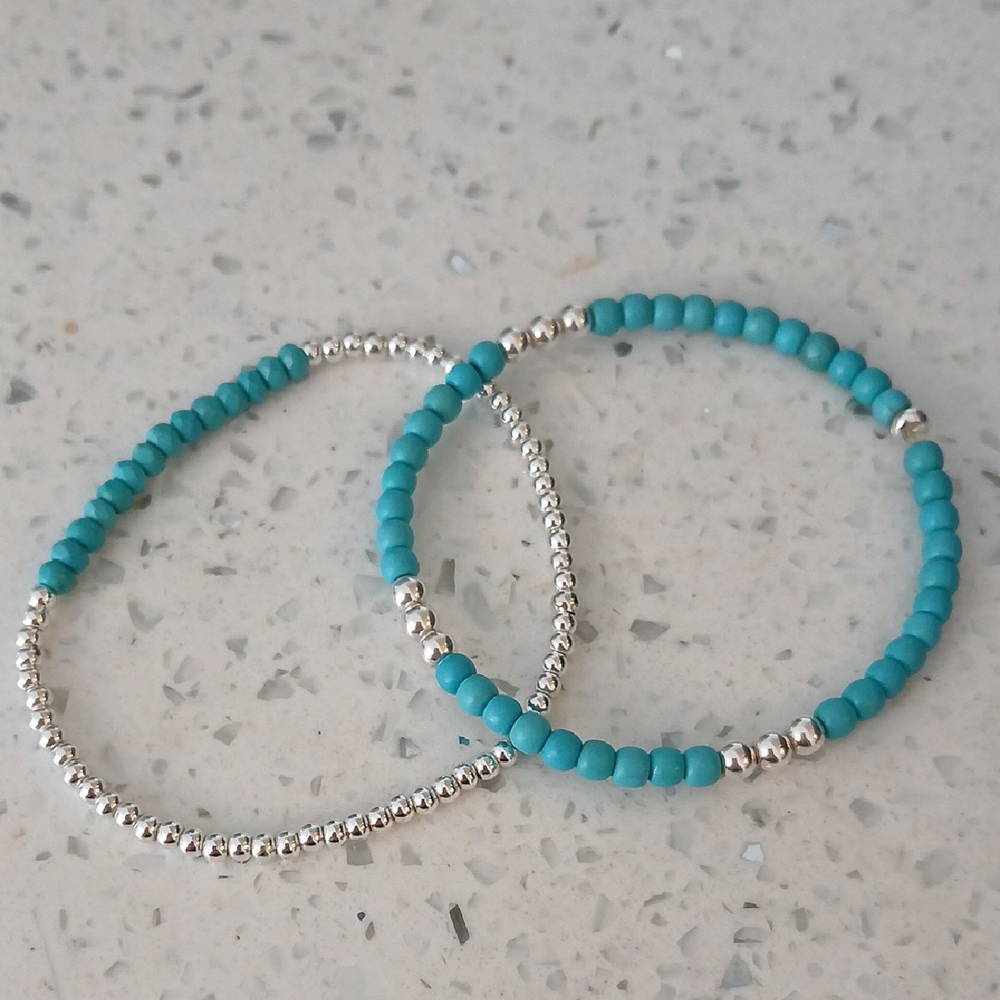 Silver And Turquis Beaded Bracelets Set Of Two